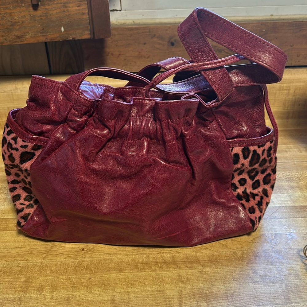 Pink leather leopard print purse